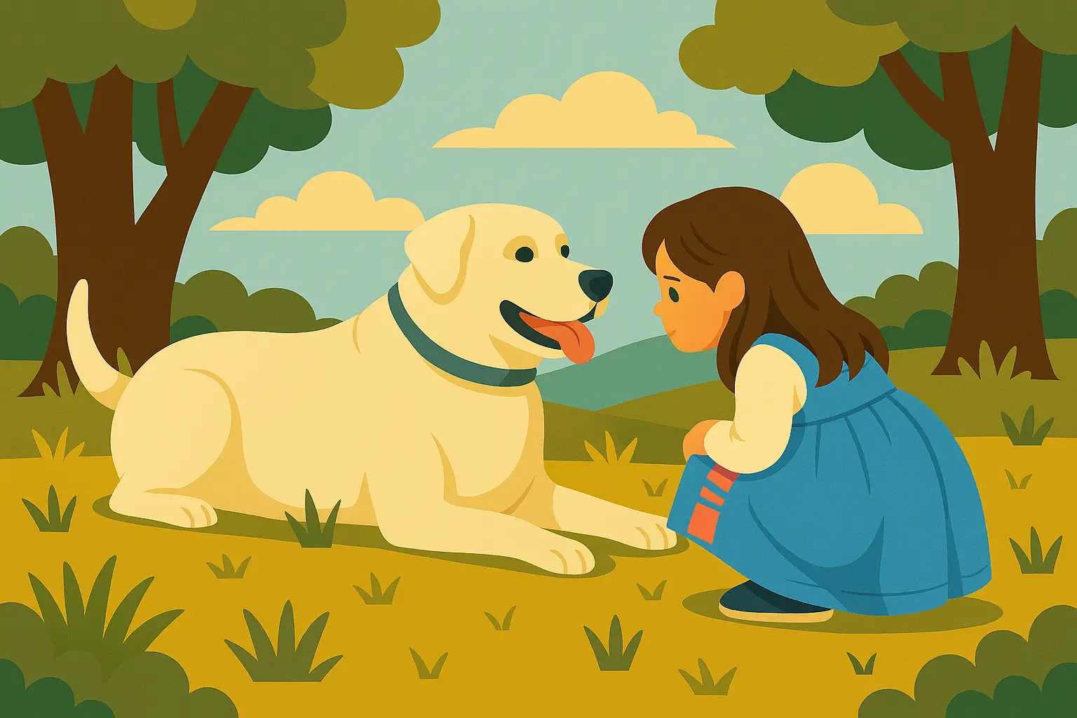 petite fille qui s'ancre à son chien dans un paysage estival - Quand le chien devient un ancrage